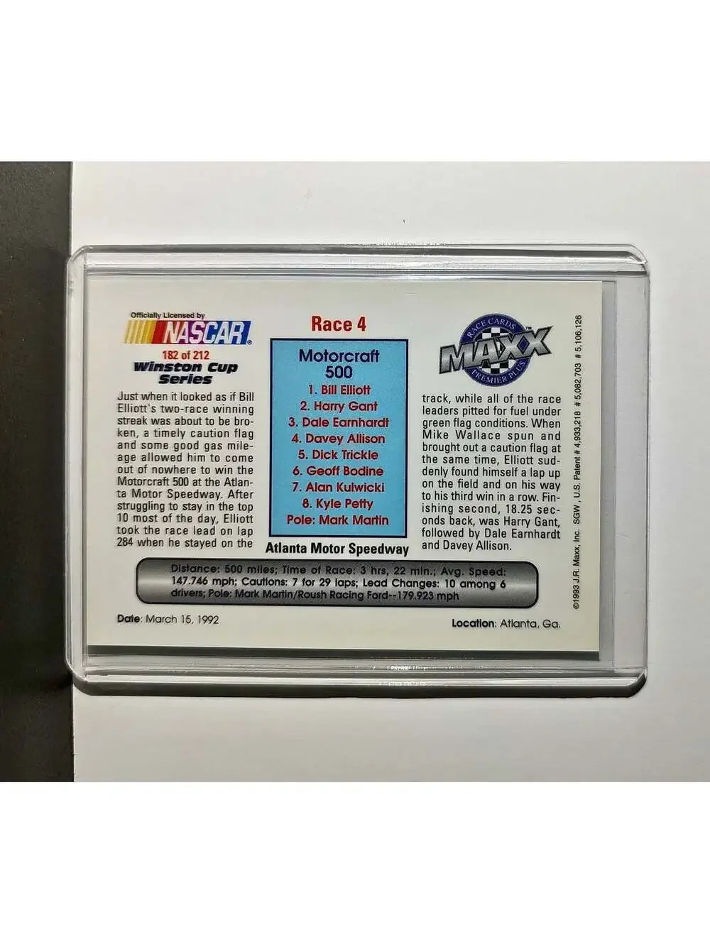 Race 4 Atlanta YR 1993 Maxx Premier Plus Racing #182 NASCAR Card Junior Johnson